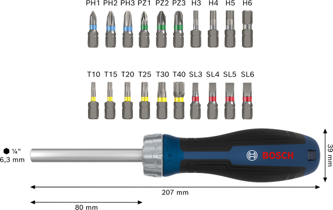 Bộ tua vít có tay cầm xoay Bosch với 18 đầu vít thay thế.